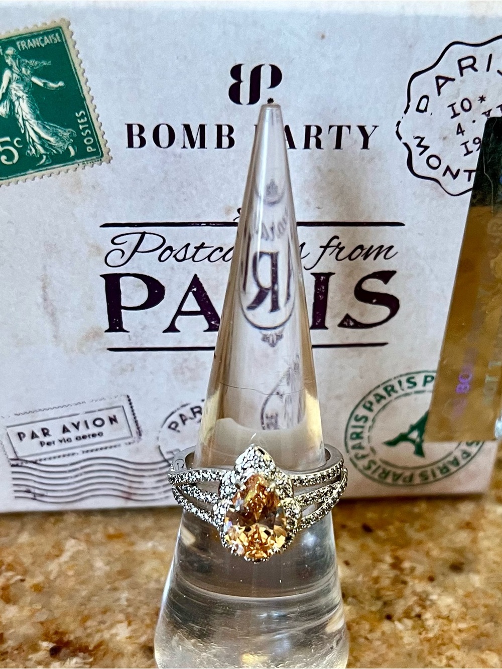 Bomb Party RETRO Postcards From Paris Morganite on Rhodium Ring HTF